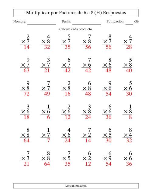 La hoja de ejercicios de Multiplicar (Factores de 1 a 9) por Factores de 6 a 8 (36 Preguntas) (H) Página 2