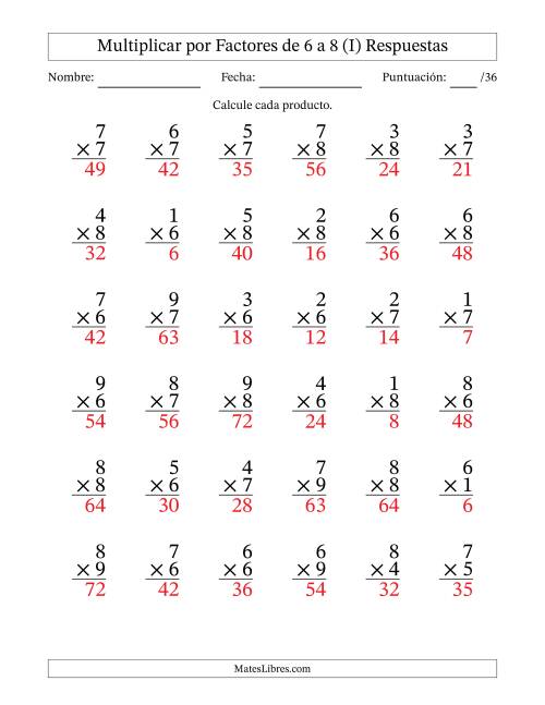 La hoja de ejercicios de Multiplicar (Factores de 1 a 9) por Factores de 6 a 8 (36 Preguntas) (I) Página 2