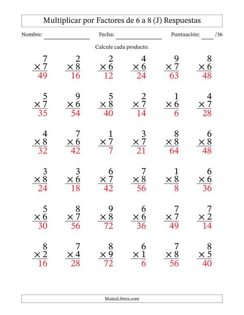 La hoja de ejercicios de Multiplicar (Factores de 1 a 9) por Factores de 6 a 8 (36 Preguntas) (J) Página 2