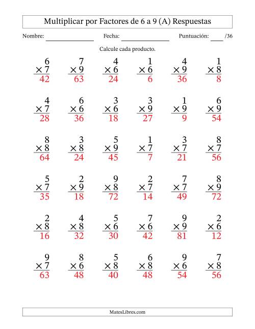 La hoja de ejercicios de Multiplicar (Factores de 1 a 9) por Factores de 6 a 9 (36 Preguntas) (A) Página 2