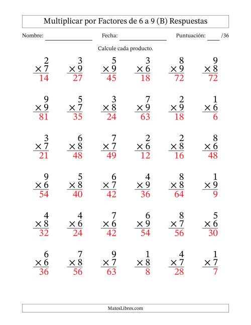 La hoja de ejercicios de Multiplicar (Factores de 1 a 9) por Factores de 6 a 9 (36 Preguntas) (B) Página 2