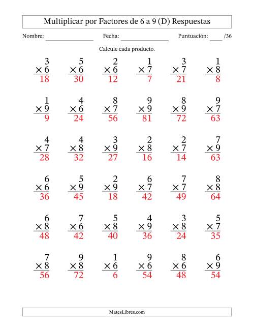 La hoja de ejercicios de Multiplicar (Factores de 1 a 9) por Factores de 6 a 9 (36 Preguntas) (D) Página 2