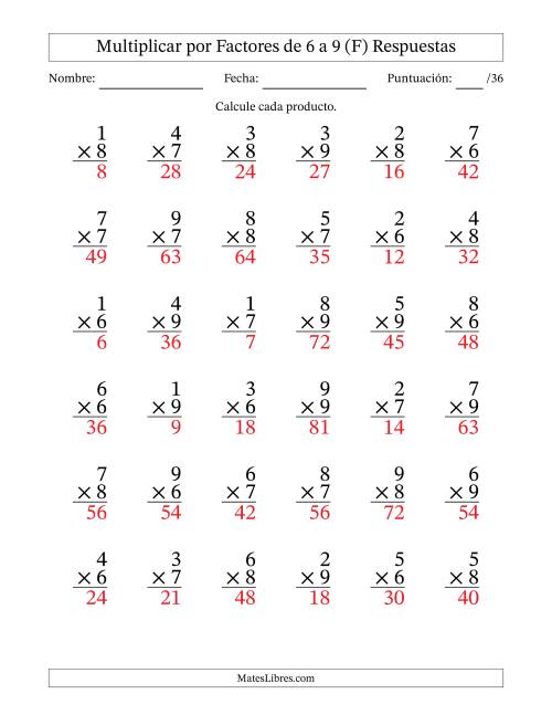 La hoja de ejercicios de Multiplicar (Factores de 1 a 9) por Factores de 6 a 9 (36 Preguntas) (F) Página 2