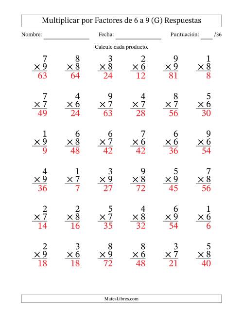 La hoja de ejercicios de Multiplicar (Factores de 1 a 9) por Factores de 6 a 9 (36 Preguntas) (G) Página 2
