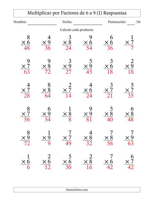 La hoja de ejercicios de Multiplicar (Factores de 1 a 9) por Factores de 6 a 9 (36 Preguntas) (I) Página 2