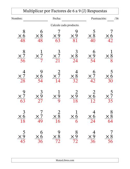 La hoja de ejercicios de Multiplicar (Factores de 1 a 9) por Factores de 6 a 9 (36 Preguntas) (J) Página 2