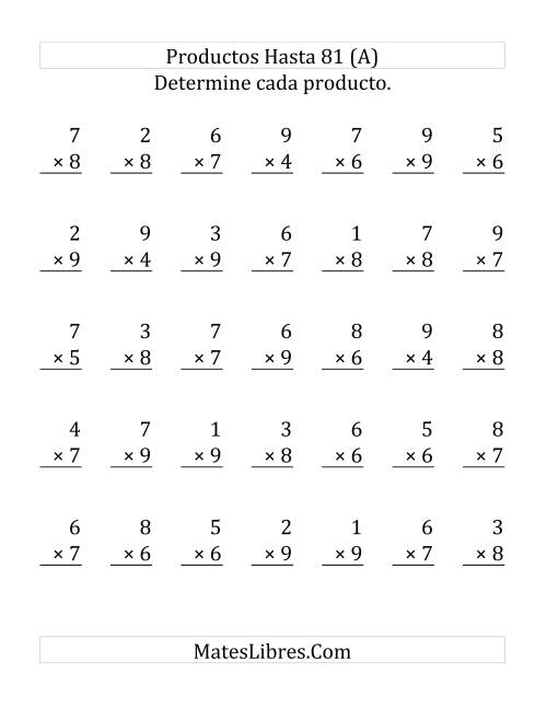 La hoja de ejercicios de Multiplicar de 1 a 9 por 6, 7, 8 y 9 (Grande)