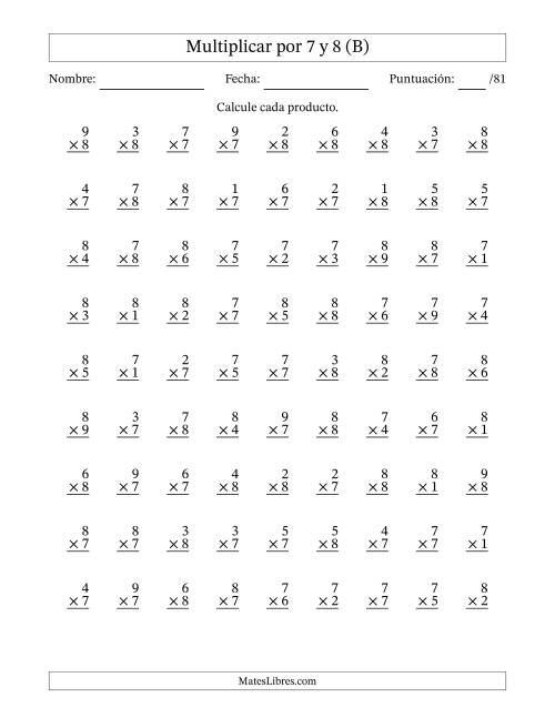 La hoja de ejercicios de Multiplicar (Factores de 1 a 9) por 7 y 8 (81 Preguntas) (B)
