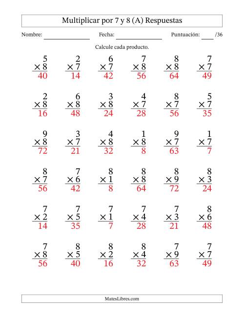 La hoja de ejercicios de Multiplicar (Factores de 1 a 9) por 7 y 8 (36 Preguntas) (A) Página 2