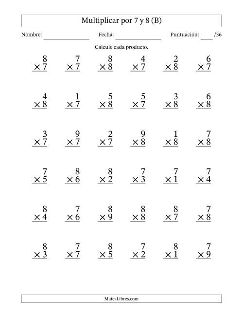 La hoja de ejercicios de Multiplicar (Factores de 1 a 9) por 7 y 8 (36 Preguntas) (B)