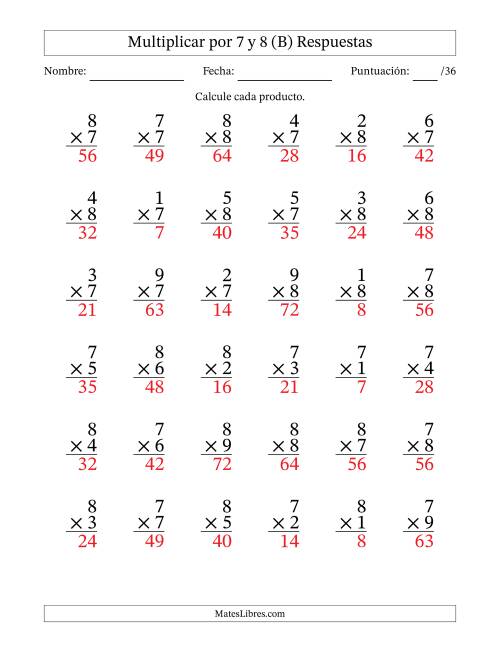 La hoja de ejercicios de Multiplicar (Factores de 1 a 9) por 7 y 8 (36 Preguntas) (B) Página 2