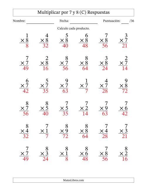 La hoja de ejercicios de Multiplicar (Factores de 1 a 9) por 7 y 8 (36 Preguntas) (C) Página 2