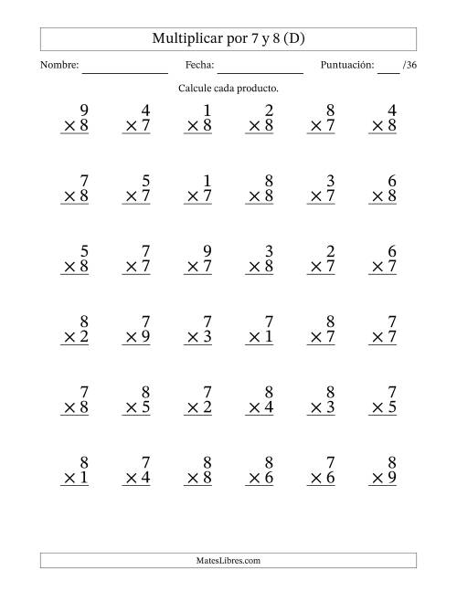 La hoja de ejercicios de Multiplicar (Factores de 1 a 9) por 7 y 8 (36 Preguntas) (D)