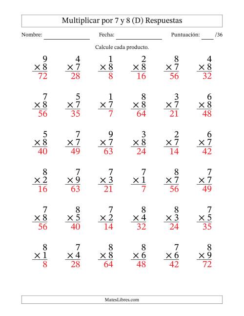 La hoja de ejercicios de Multiplicar (Factores de 1 a 9) por 7 y 8 (36 Preguntas) (D) Página 2
