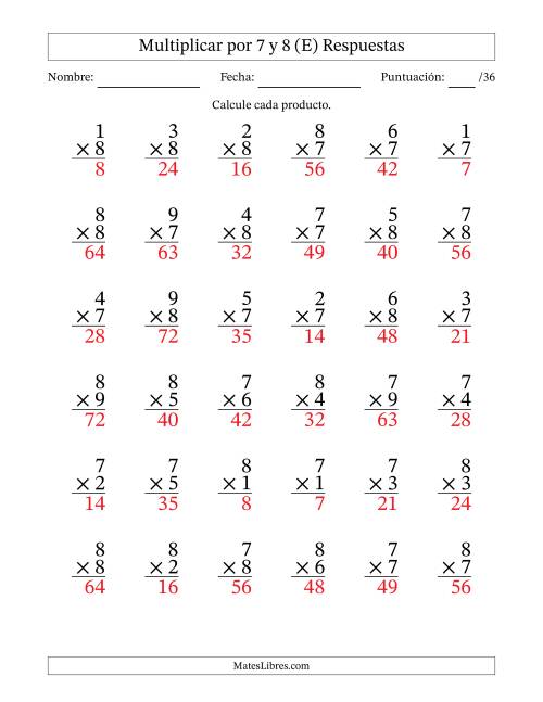 La hoja de ejercicios de Multiplicar (Factores de 1 a 9) por 7 y 8 (36 Preguntas) (E) Página 2