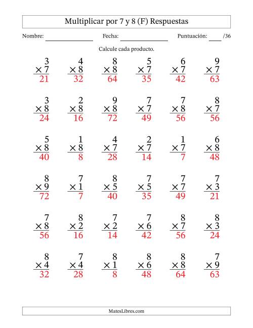 La hoja de ejercicios de Multiplicar (Factores de 1 a 9) por 7 y 8 (36 Preguntas) (F) Página 2