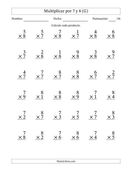 La hoja de ejercicios de Multiplicar (Factores de 1 a 9) por 7 y 8 (36 Preguntas) (G)