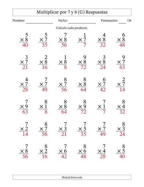 La hoja de ejercicios de Multiplicar (Factores de 1 a 9) por 7 y 8 (36 Preguntas) (G) Página 2
