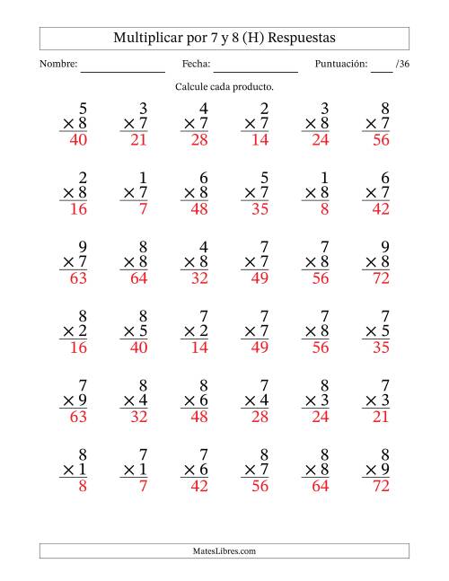 La hoja de ejercicios de Multiplicar (Factores de 1 a 9) por 7 y 8 (36 Preguntas) (H) Página 2