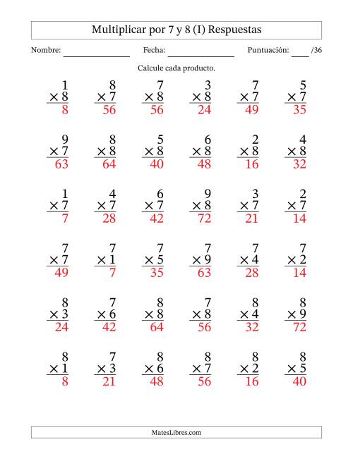 La hoja de ejercicios de Multiplicar (Factores de 1 a 9) por 7 y 8 (36 Preguntas) (I) Página 2