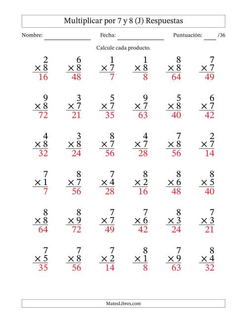 La hoja de ejercicios de Multiplicar (Factores de 1 a 9) por 7 y 8 (36 Preguntas) (J) Página 2
