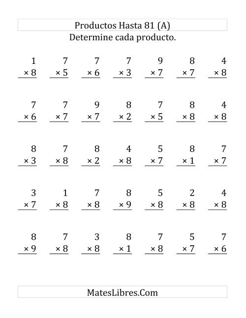 La hoja de ejercicios de Multiplicar de 1 a 9 por 7 y 8 (Grande)