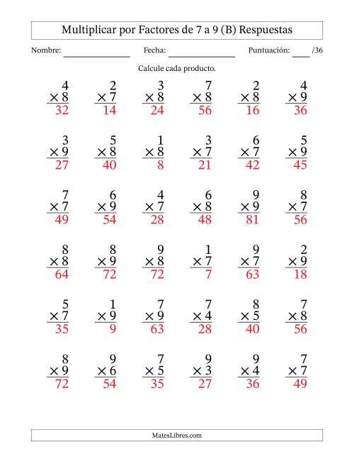 La hoja de ejercicios de Multiplicar (Factores de 1 a 9) por Factores de 7 a 9 (36 Preguntas) (B) Página 2