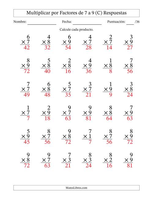 La hoja de ejercicios de Multiplicar (Factores de 1 a 9) por Factores de 7 a 9 (36 Preguntas) (C) Página 2