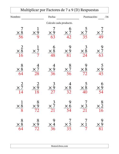 La hoja de ejercicios de Multiplicar (Factores de 1 a 9) por Factores de 7 a 9 (36 Preguntas) (D) Página 2
