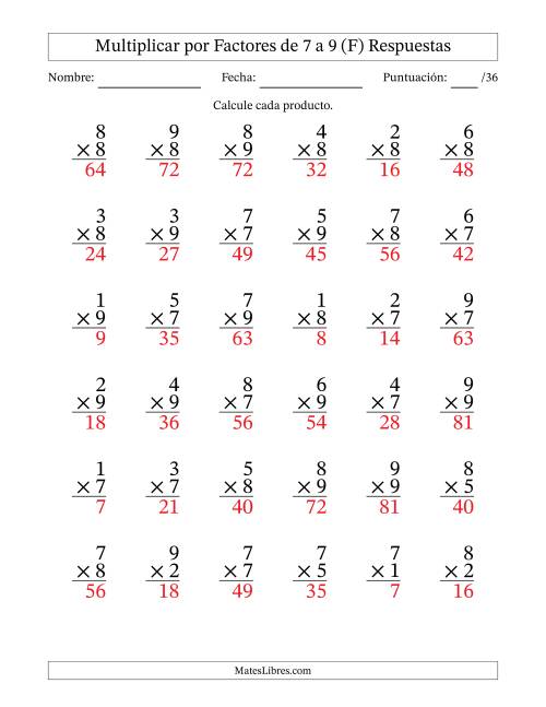 La hoja de ejercicios de Multiplicar (Factores de 1 a 9) por Factores de 7 a 9 (36 Preguntas) (F) Página 2