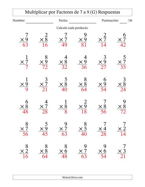 La hoja de ejercicios de Multiplicar (Factores de 1 a 9) por Factores de 7 a 9 (36 Preguntas) (G) Página 2