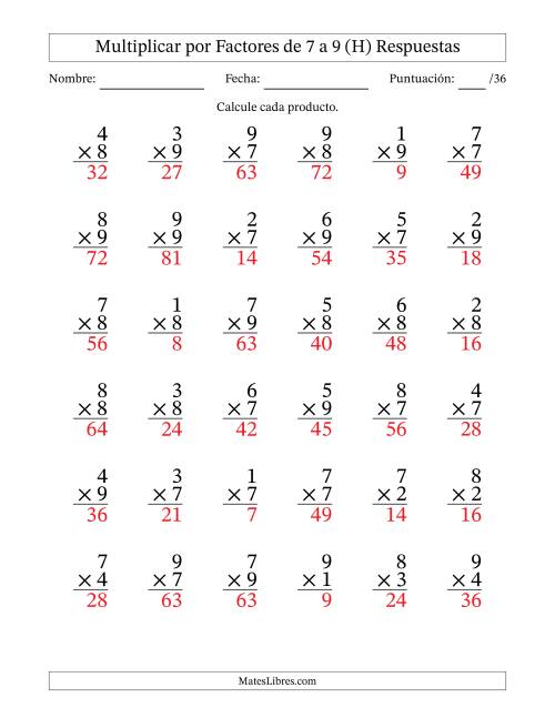La hoja de ejercicios de Multiplicar (Factores de 1 a 9) por Factores de 7 a 9 (36 Preguntas) (H) Página 2