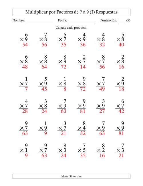 La hoja de ejercicios de Multiplicar (Factores de 1 a 9) por Factores de 7 a 9 (36 Preguntas) (I) Página 2