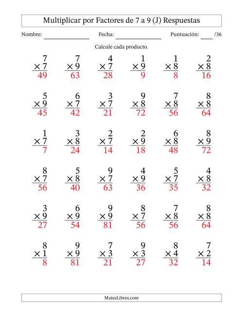 La hoja de ejercicios de Multiplicar (Factores de 1 a 9) por Factores de 7 a 9 (36 Preguntas) (J) Página 2