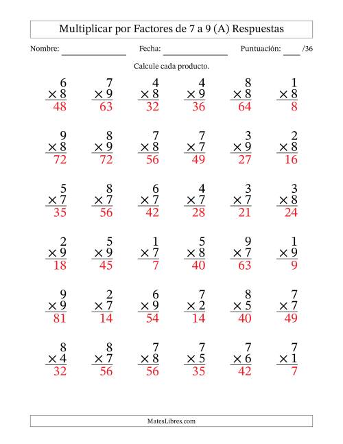 La hoja de ejercicios de Multiplicar (Factores de 1 a 9) por Factores de 7 a 9 (36 Preguntas) (Todas) Página 2