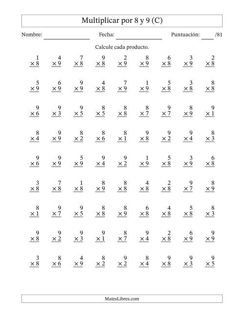 La hoja de ejercicios de Multiplicar (Factores de 1 a 9) por 8 y 9 (81 Preguntas) (C)