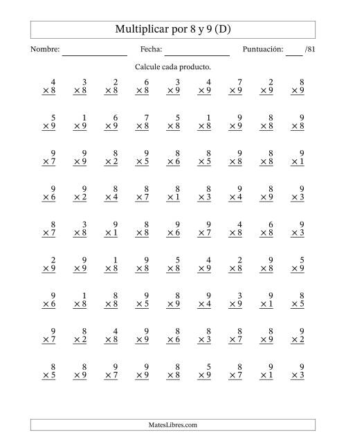 La hoja de ejercicios de Multiplicar (Factores de 1 a 9) por 8 y 9 (81 Preguntas) (D)
