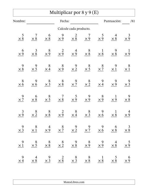 La hoja de ejercicios de Multiplicar (Factores de 1 a 9) por 8 y 9 (81 Preguntas) (E)