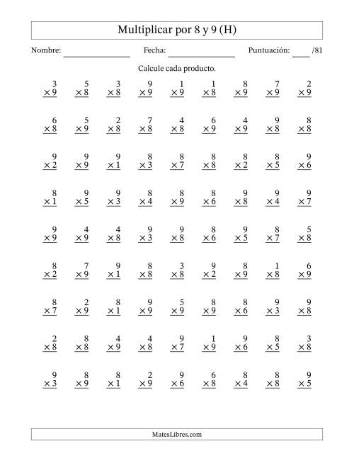 La hoja de ejercicios de Multiplicar (Factores de 1 a 9) por 8 y 9 (81 Preguntas) (H)