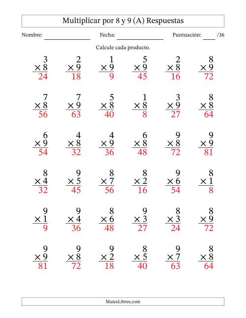 La hoja de ejercicios de Multiplicar (Factores de 1 a 9) por 8 y 9 (36 Preguntas) (A) Página 2