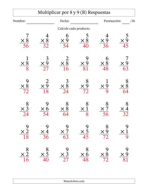La hoja de ejercicios de Multiplicar (Factores de 1 a 9) por 8 y 9 (36 Preguntas) (B) Página 2