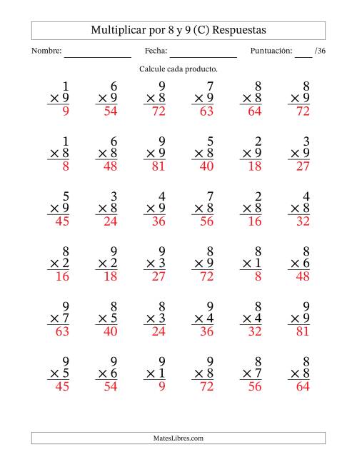 La hoja de ejercicios de Multiplicar (Factores de 1 a 9) por 8 y 9 (36 Preguntas) (C) Página 2