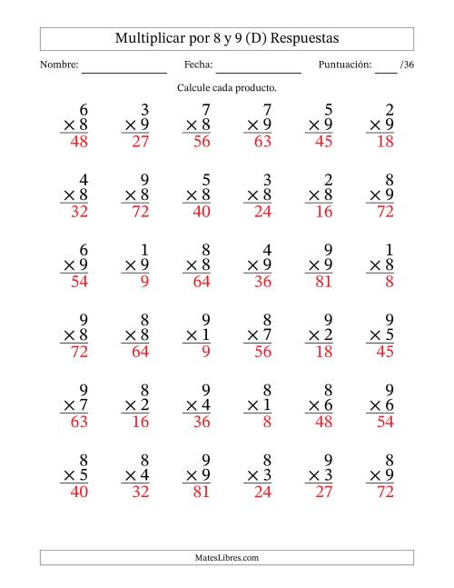 La hoja de ejercicios de Multiplicar (Factores de 1 a 9) por 8 y 9 (36 Preguntas) (D) Página 2