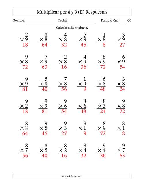 La hoja de ejercicios de Multiplicar (Factores de 1 a 9) por 8 y 9 (36 Preguntas) (E) Página 2