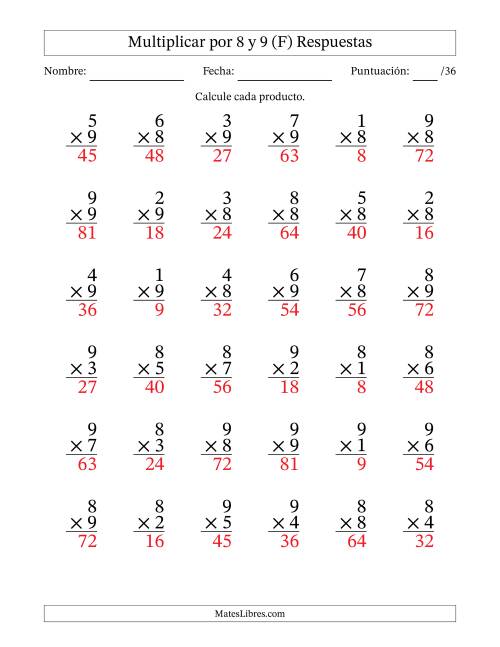 La hoja de ejercicios de Multiplicar (Factores de 1 a 9) por 8 y 9 (36 Preguntas) (F) Página 2