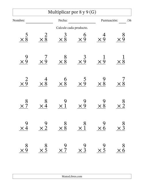 La hoja de ejercicios de Multiplicar (Factores de 1 a 9) por 8 y 9 (36 Preguntas) (G)