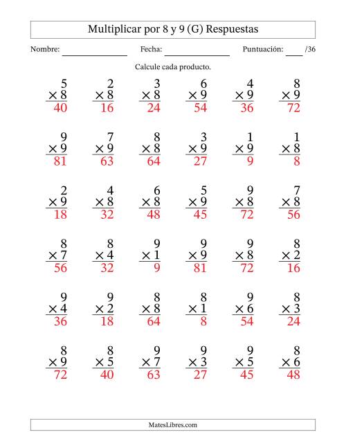 La hoja de ejercicios de Multiplicar (Factores de 1 a 9) por 8 y 9 (36 Preguntas) (G) Página 2