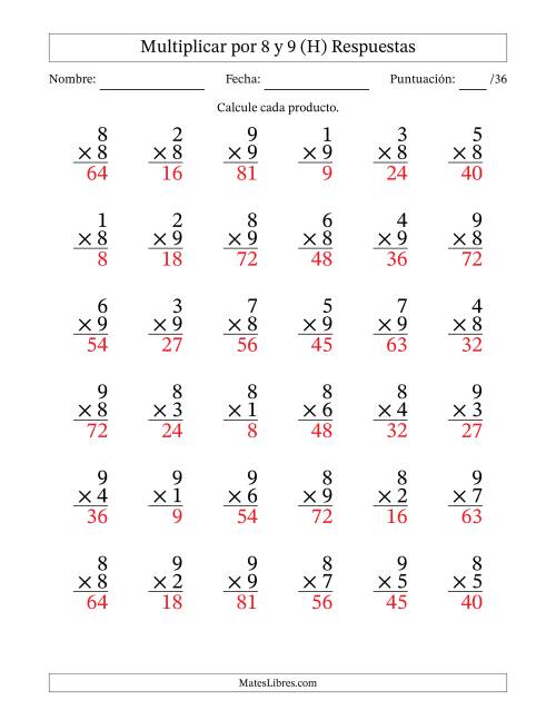 La hoja de ejercicios de Multiplicar (Factores de 1 a 9) por 8 y 9 (36 Preguntas) (H) Página 2