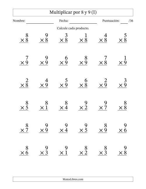 La hoja de ejercicios de Multiplicar (Factores de 1 a 9) por 8 y 9 (36 Preguntas) (I)