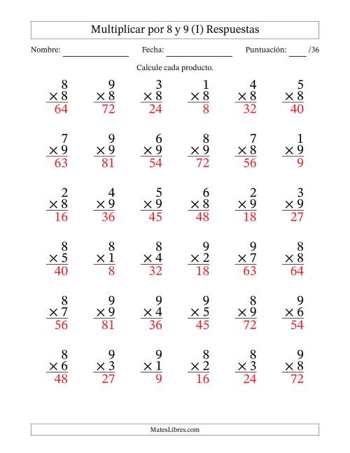 La hoja de ejercicios de Multiplicar (Factores de 1 a 9) por 8 y 9 (36 Preguntas) (I) Página 2